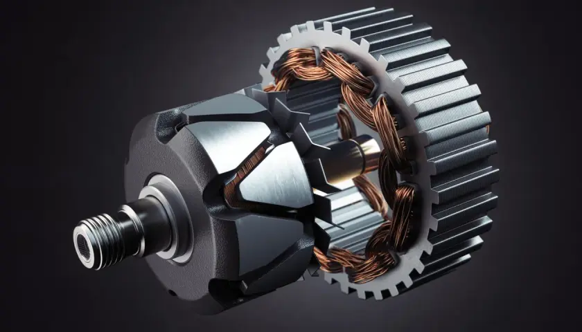 Close-up of an electric motor's stator, showcasing its copper windings and metal core. This is what is a stator: the stationary part of an electric motor.