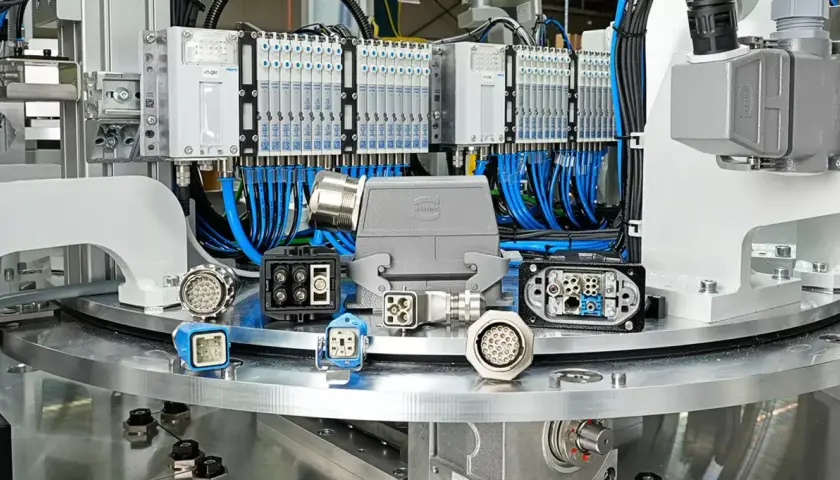 A collection of industrial connectors, including a large grey HARTING connector, are displayed on a metallic surface, with a background of pneumatic valves and wiring.