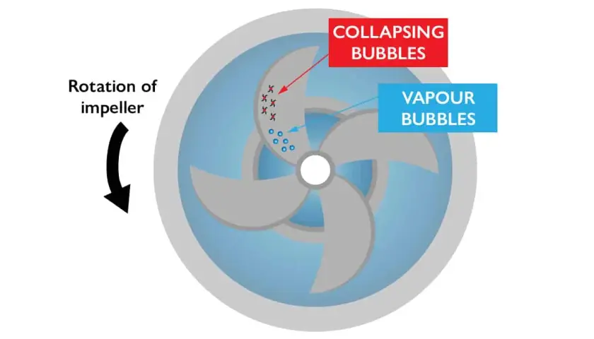 Diagram of a pump's suction side showing vapour bubbles forming and collapsing due to impeller rotation.