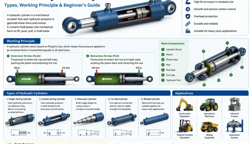 Exploring various types of cylinders: single-acting, double-acting, telescopic, tie-rod, and welded.