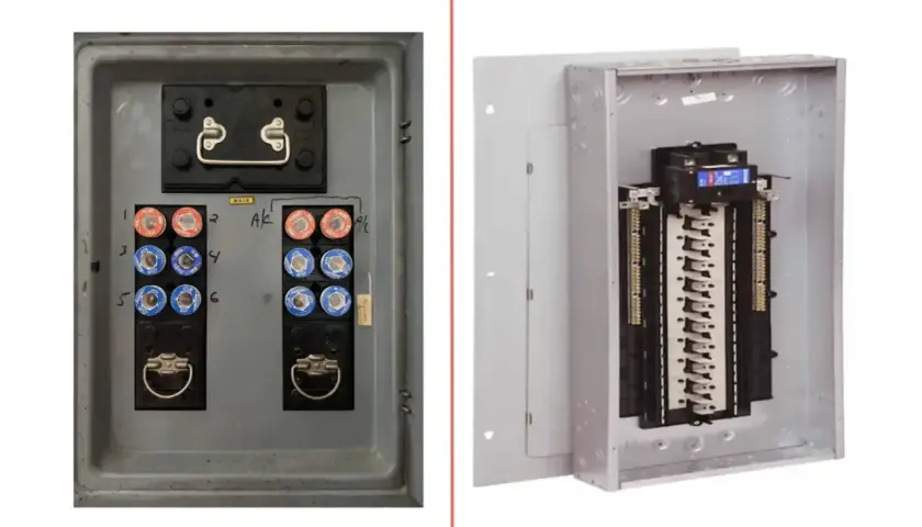A vintage fuse box with round fuses sits next to a modern circuit breaker panel, showcasing the evolution of electrical safety.