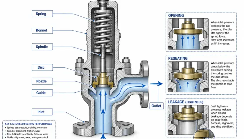 Cutaway of a spring-loaded safety dump valve, showing its internal components and how it opens, reseats, and prevents leakage.