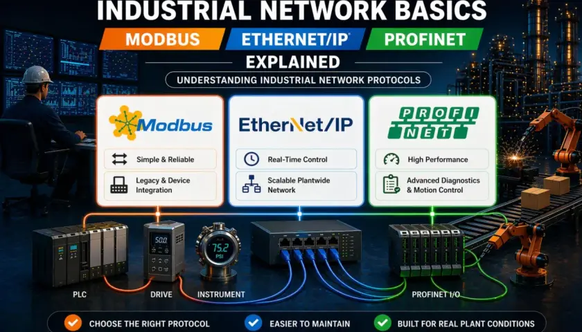 Industrial network protocols explained: Modbus, Ethernet/IP, and Profinet. Comparing Ethernet/IP vs. TCP/IP for industrial automation.