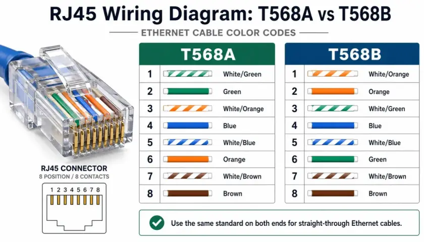 RJ45 wiring diagram showing T568A and T568B color codes for an ethernet cable.