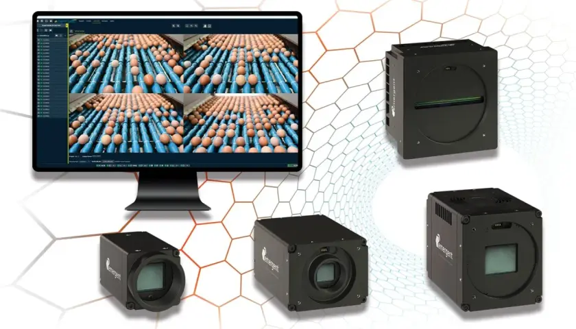 Emergent Vision Technologies' cameras and monitor display rows of eggs, showcasing their gige vision standard for quality inspection.