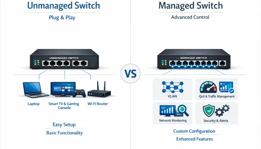 Comparison of unmanaged vs managed ethernet switch. Unmanaged offers plug & play with basic functionality for devices like laptops. Managed provides advanced control with VLAN, QoS, and security features.