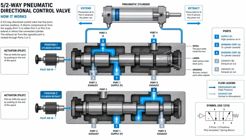 Diagram of a 5/2-way pneumatic directional control valve, showing how pilot air shifts the spool to extend or retract a cylinder.