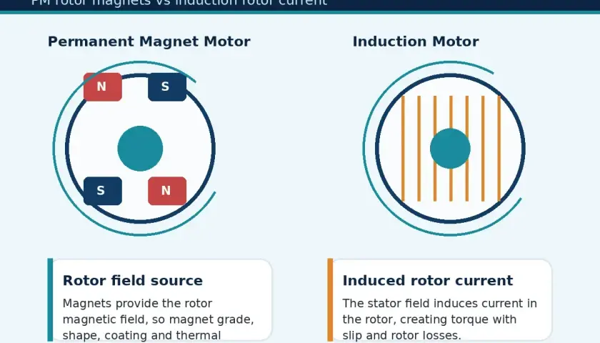 Permanent magnet motor rotor uses magnets for field, while induction motor rotor has induced current. Rotor vs motor comparison.