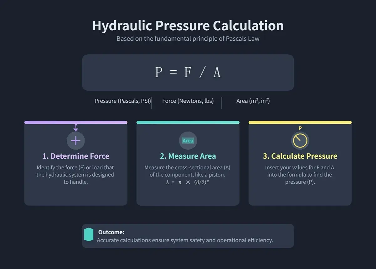 Hydraulic pressure calculation: P=F/A. Steps to determine force, measure area, and calculate pressure for safe system operation.