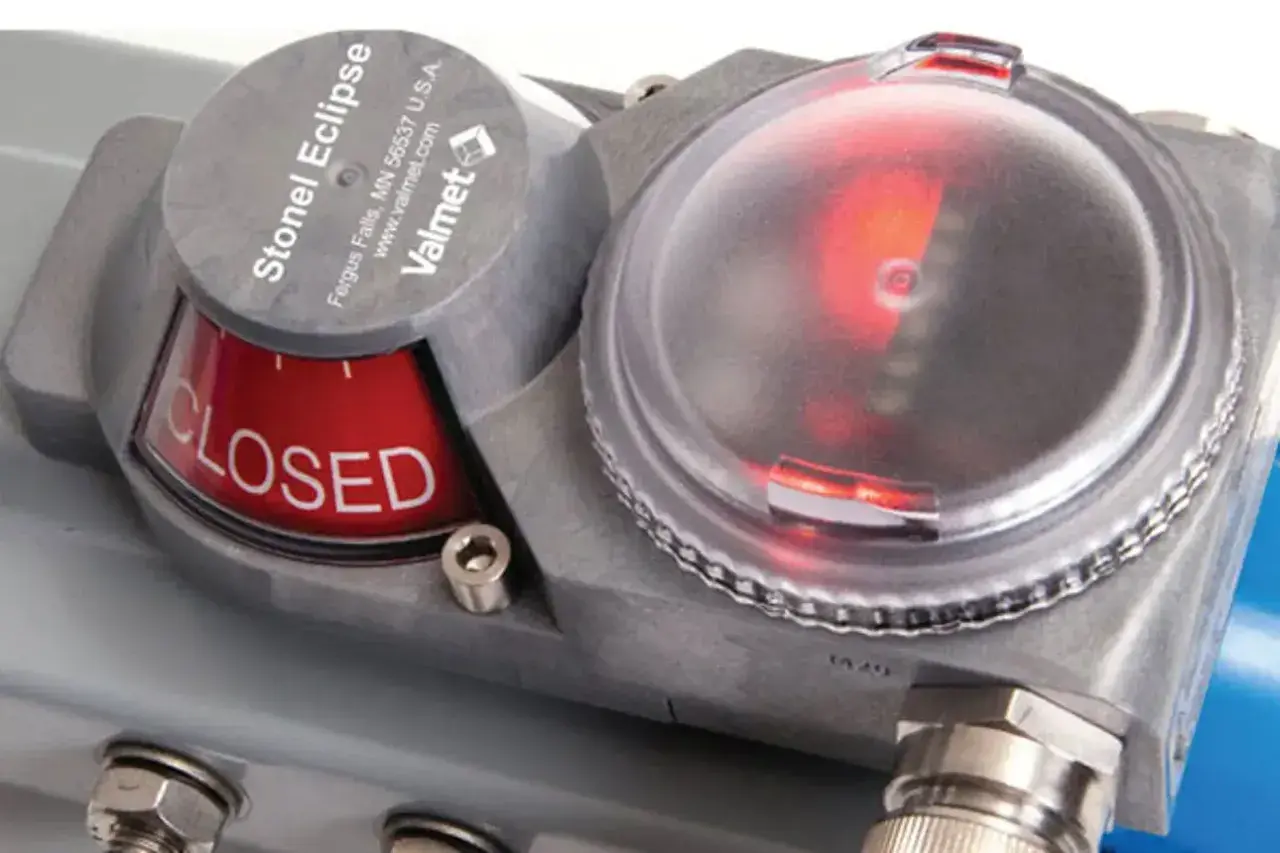 Close-up of a Stonel Eclipse valve actuator, showing the "CLOSED" indicator and a red status light.