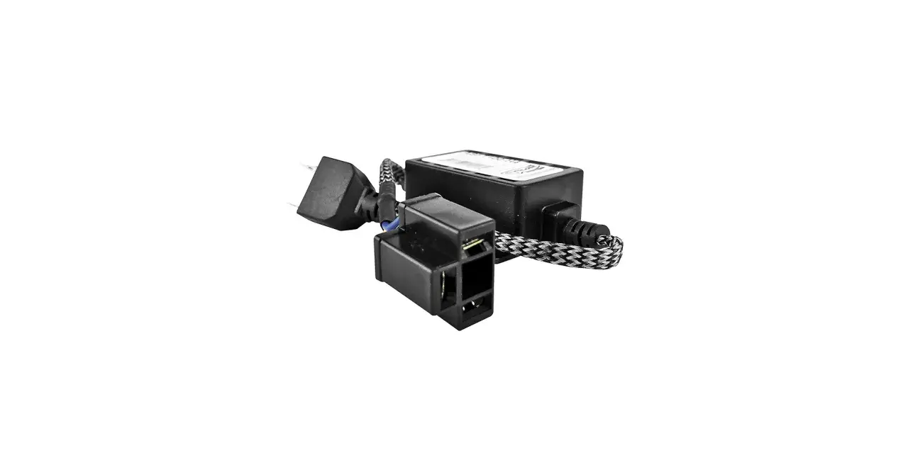 Black EMI filter for LED lights, featuring a compact box and connector with a braided cable.