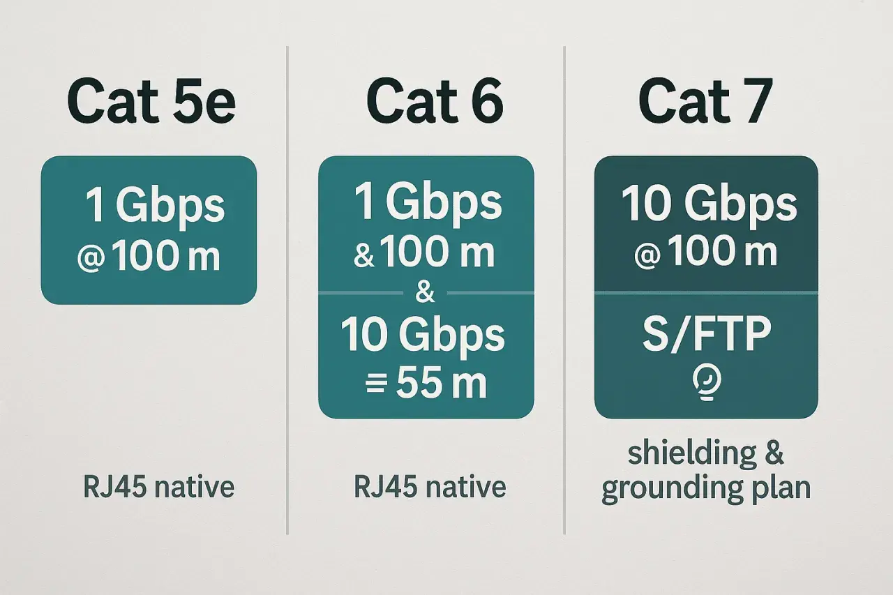 Cat 6 offers higher speeds than Cat 5e, supporting 10 Gbps up to 55m. Both are RJ45 native.