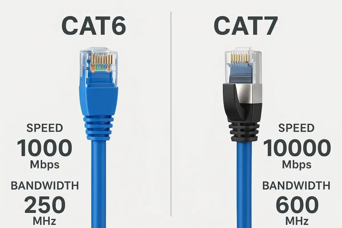 CAT6 vs CAT7 Ethernet cables. CAT7 offers a massive speed upgrade, reaching 10000 Mbps compared to CAT6's 1000 Mbps.