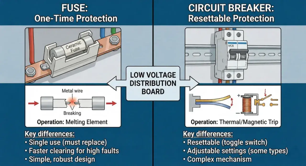 Illustrates the difference between a fuse (one-time protection, melting element) and a circuit breaker (resettable protection, thermal/magnetic trip).