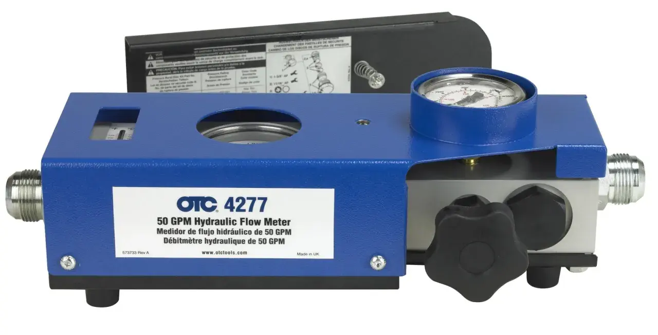 OTC 4277 hydraulic flow meter, designed to measure the rate of flow up to 50 GPM. Features a pressure gauge and temperature display.