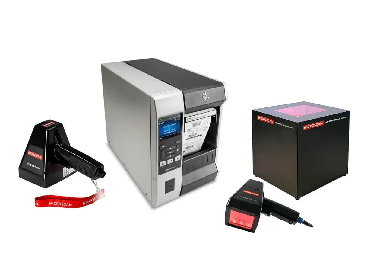 Three Microscan barcode verifiers and a Zebra printer are displayed.