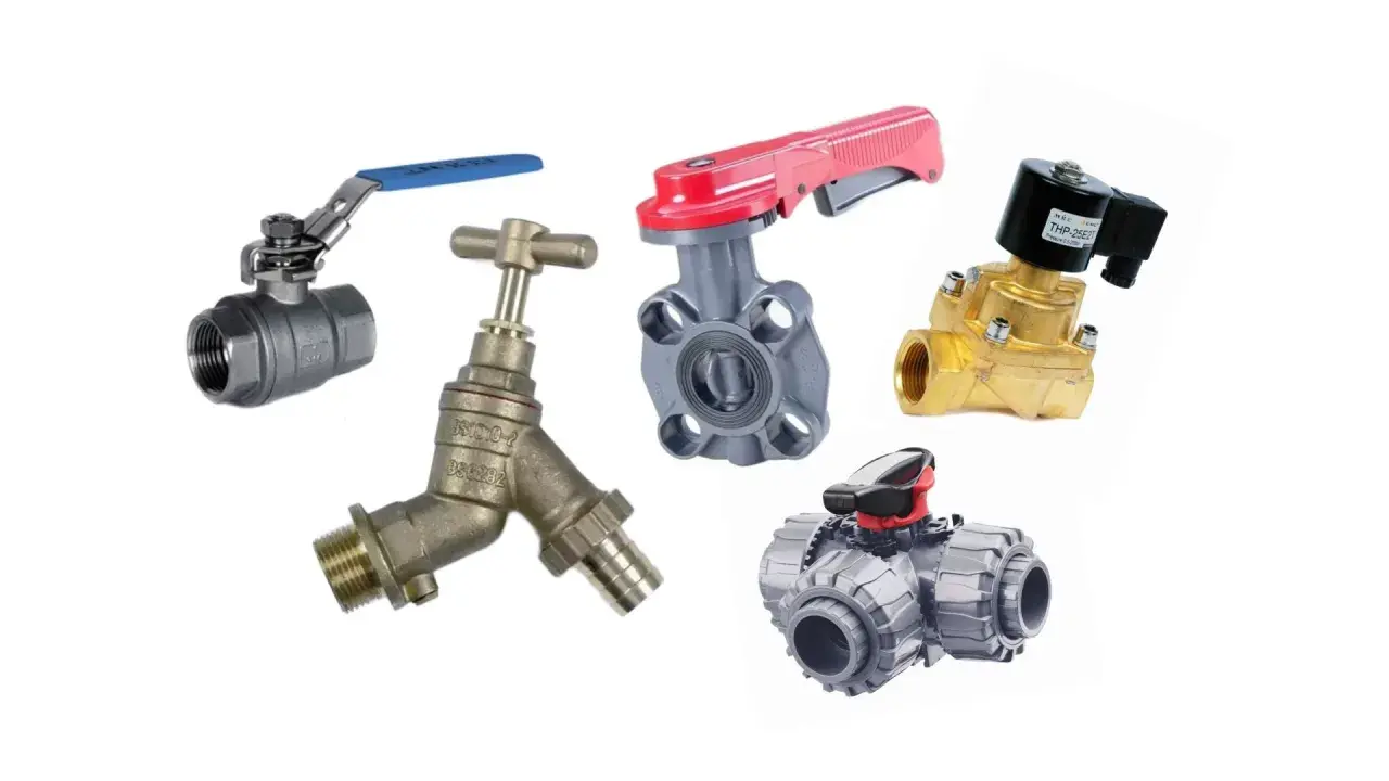 A collection of various valbia types, including ball, butterfly, solenoid, and garden taps, showcasing different materials and designs.