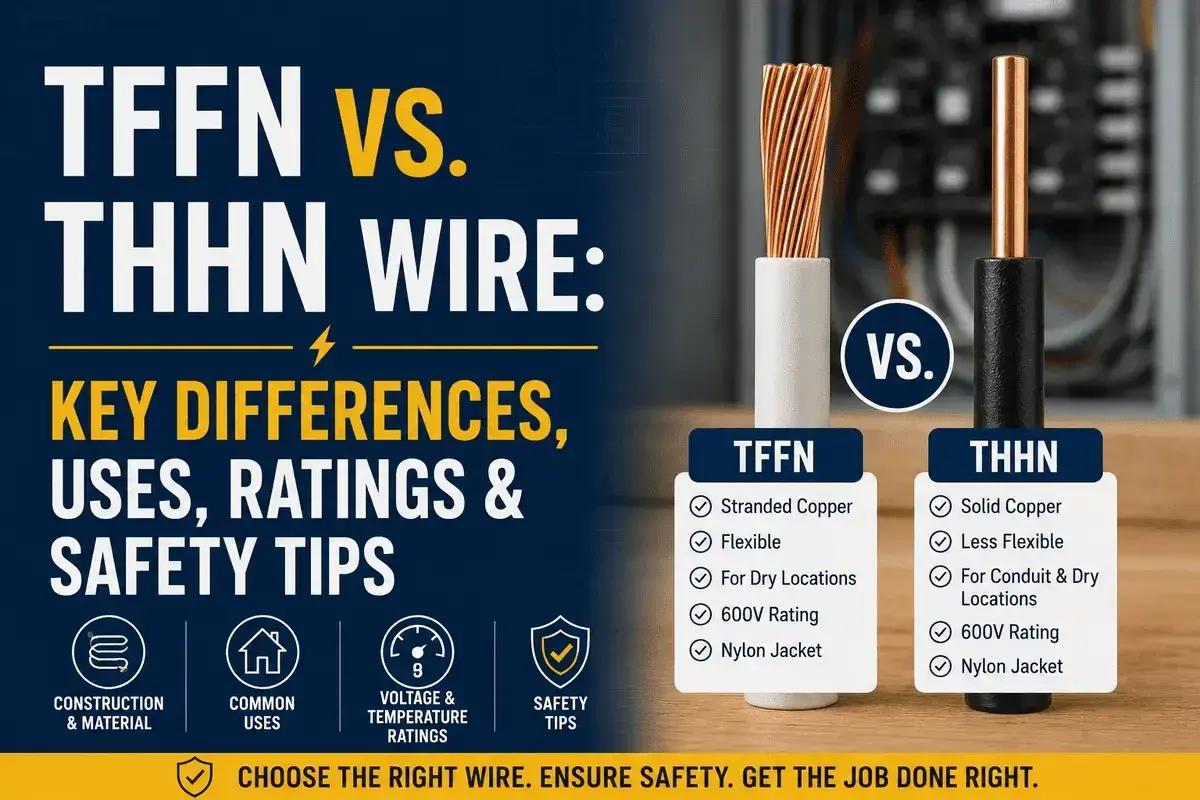 Comparing TFFN and THHN wire, showing stranded vs. solid copper, flexibility, and uses for conduit and dry locations.