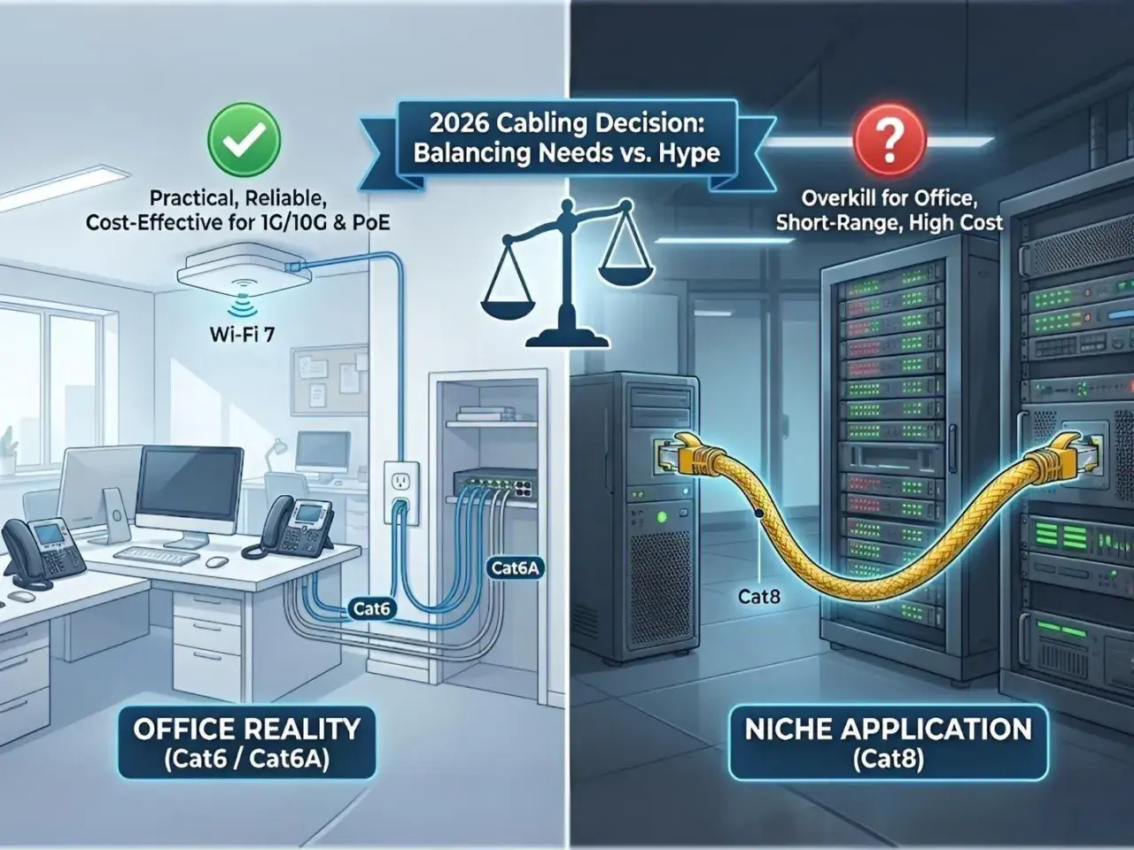 Office reality uses Cat6/Cat6A for practical, reliable, cost-effective networking. Cat8 is a niche application, overkill for offices.