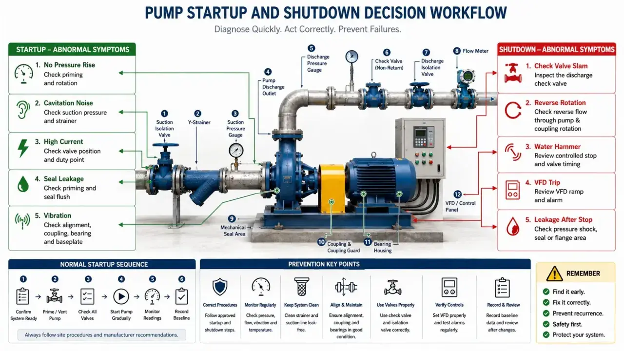 Diagram of a pump system, highlighting potential issues like air in pump suction line during startup.