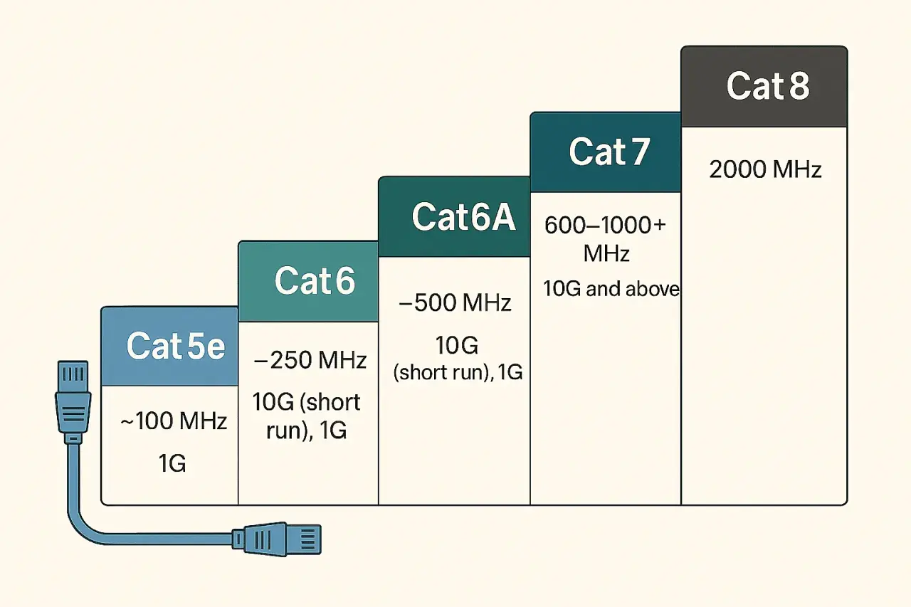 Diagram shows Ethernet cable categories (Cat 5e to Cat 8) with their MHz and speed capabilities. Cat 6 supports 250 MHz and 10G on short runs, illustrating ethernet cable distance limit cat6.