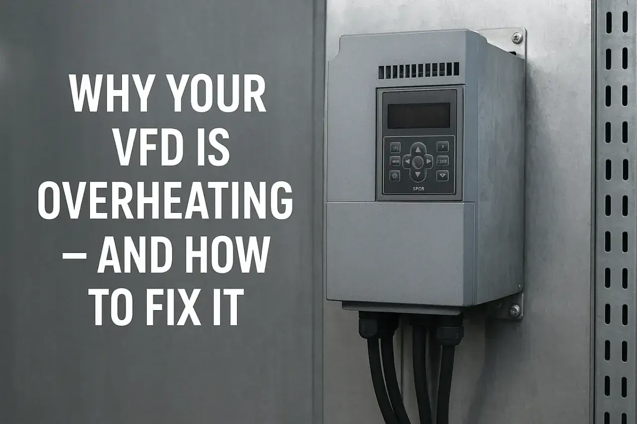 A VFD motor overload fault can cause overheating. This image shows a VFD unit and text explaining why your VFD is overheating and how to fix it.