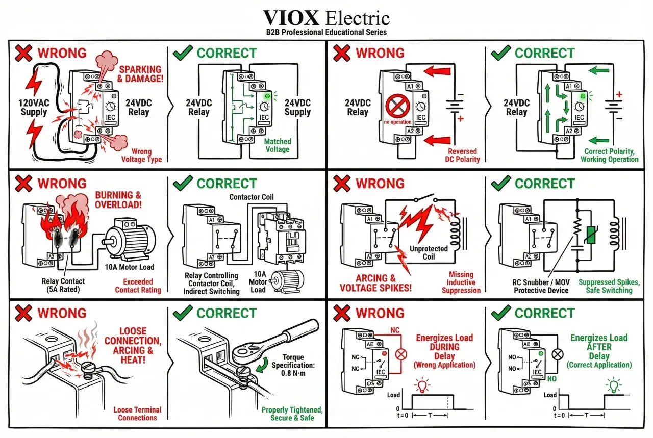 Diagrams showing correct and incorrect wiring for a motor starter coil symbol, illustrating issues like wrong voltage, reversed polarity, and arcing.