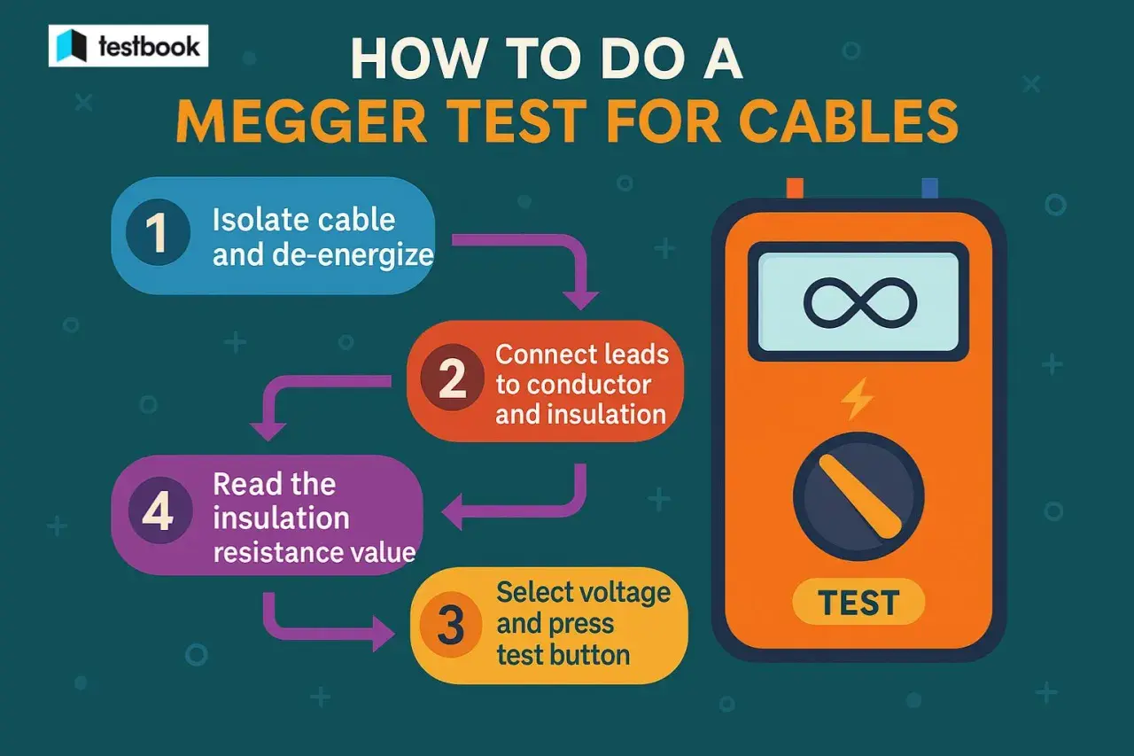 Diagram shows steps for a megger test: isolate cable, connect leads, select voltage, and read resistance. This test checks cable insulation.
