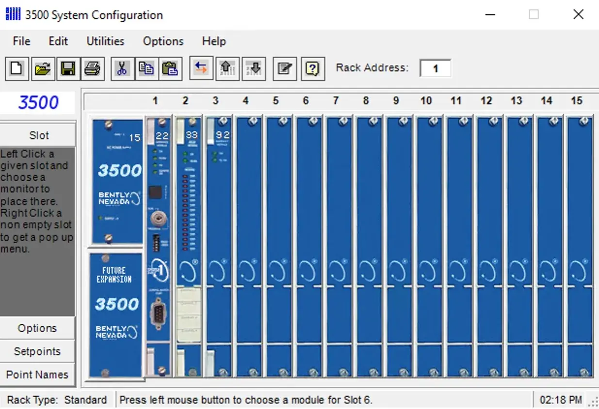 Baker Hughes Bently Nevada 3500 system configuration screen showing a rack with installed modules.