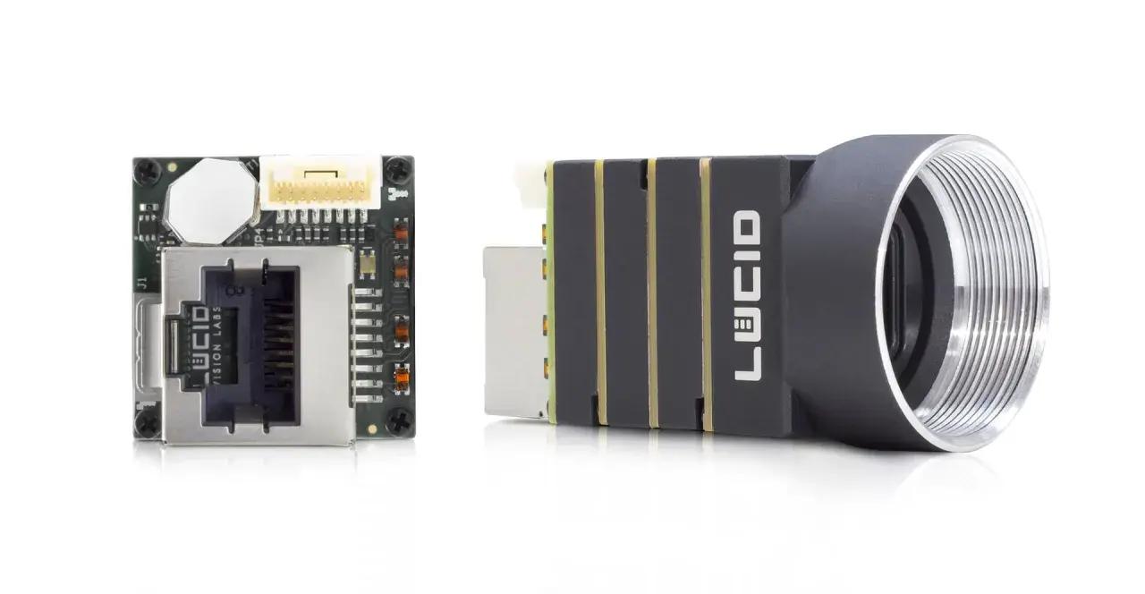 Two components from Lucid Vision Labs: a compact camera module with an RJ45 connector and a lens assembly.
