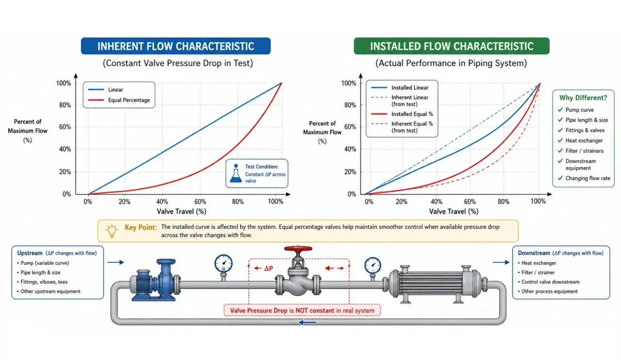 Diagrams compare linear and equal percentage valve flow characteristics. A linear control valve shows a straight line on a flow vs. travel graph.