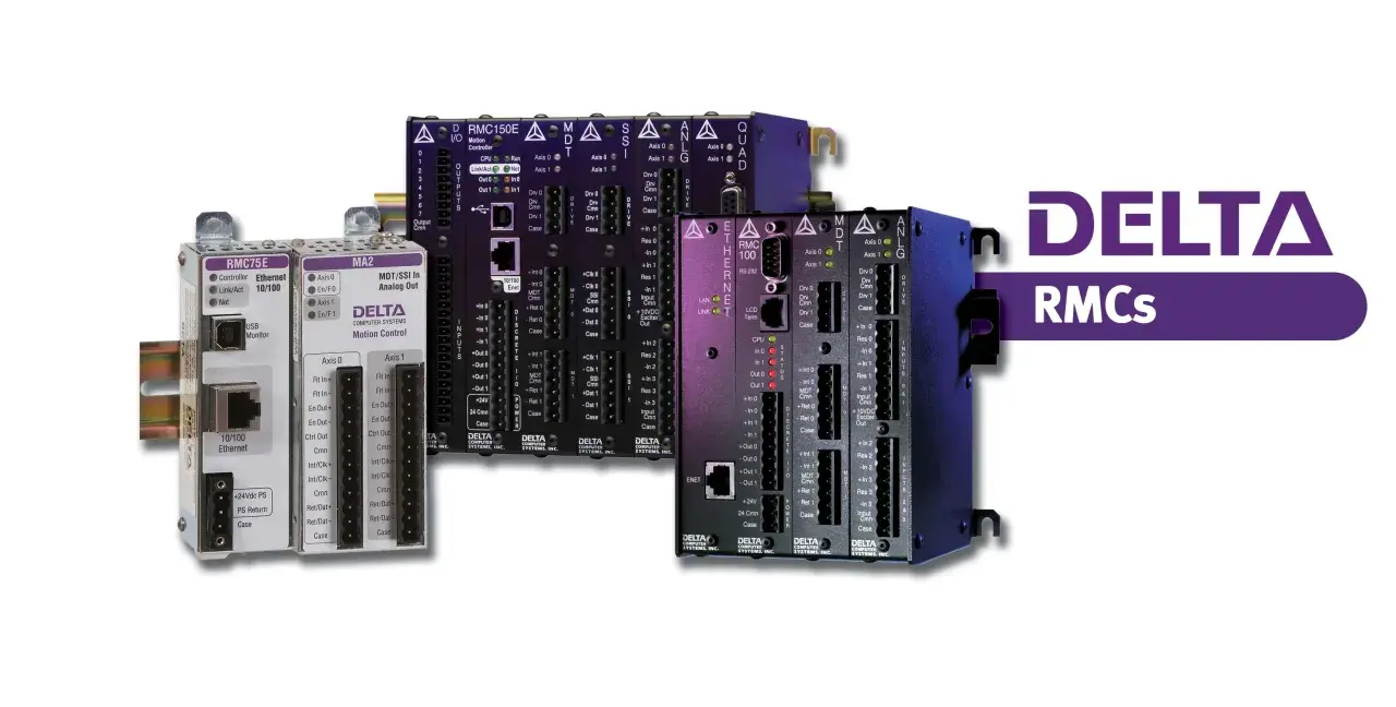 Delta Computer Systems RMC motion controllers, including RMC75E, MA2, RMC150E, and RMC100 models, are displayed.