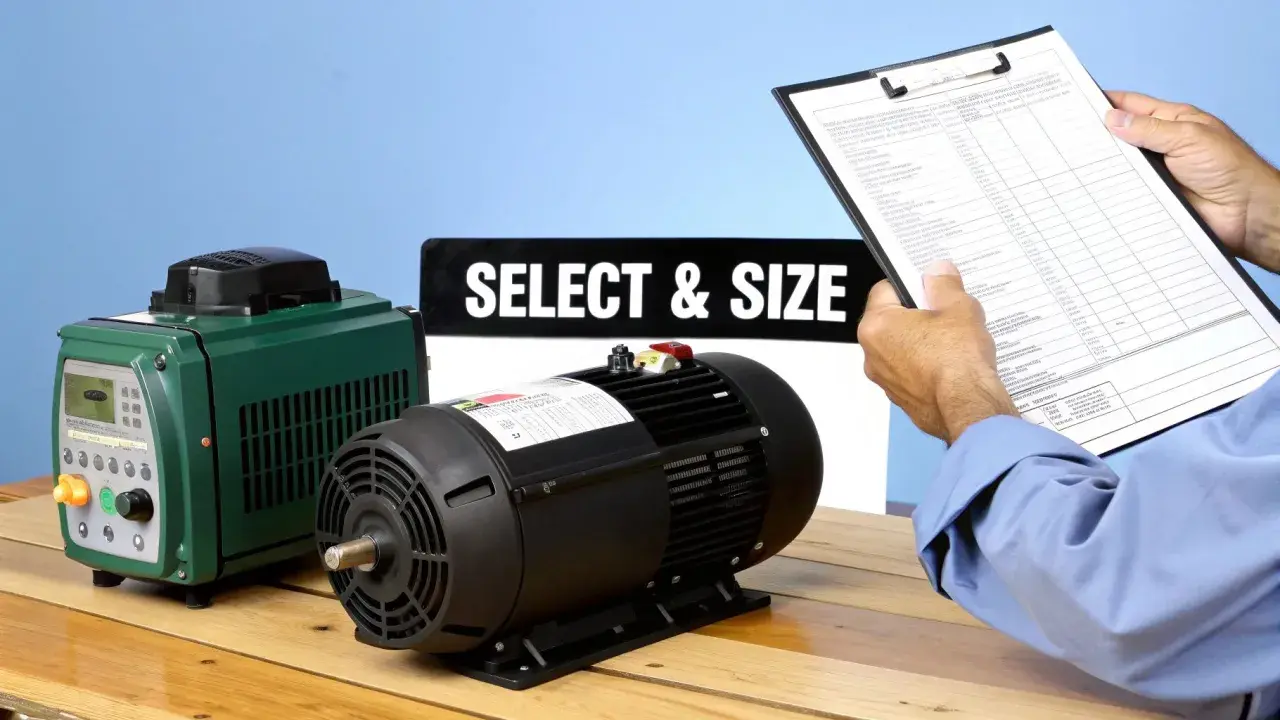 A person reviews a document next to a green VFD and a black motor. The sign "SELECT & SIZE" is visible, hinting at the importance of VFD carrier frequency.