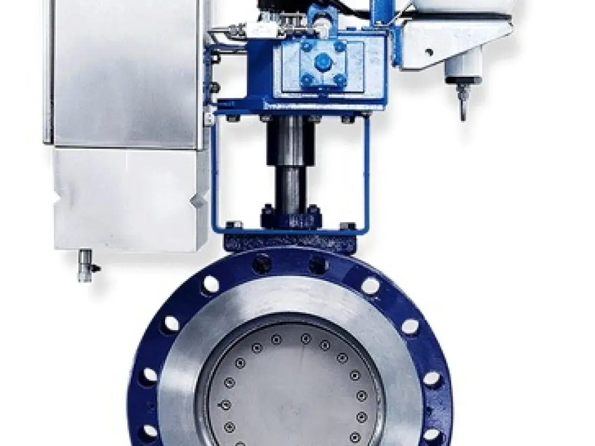 A heavy-duty industrial butterfly valve, likely a Zwick valve, with a blue flange and silver disc, connected to a complex blue and silver actuator system.
