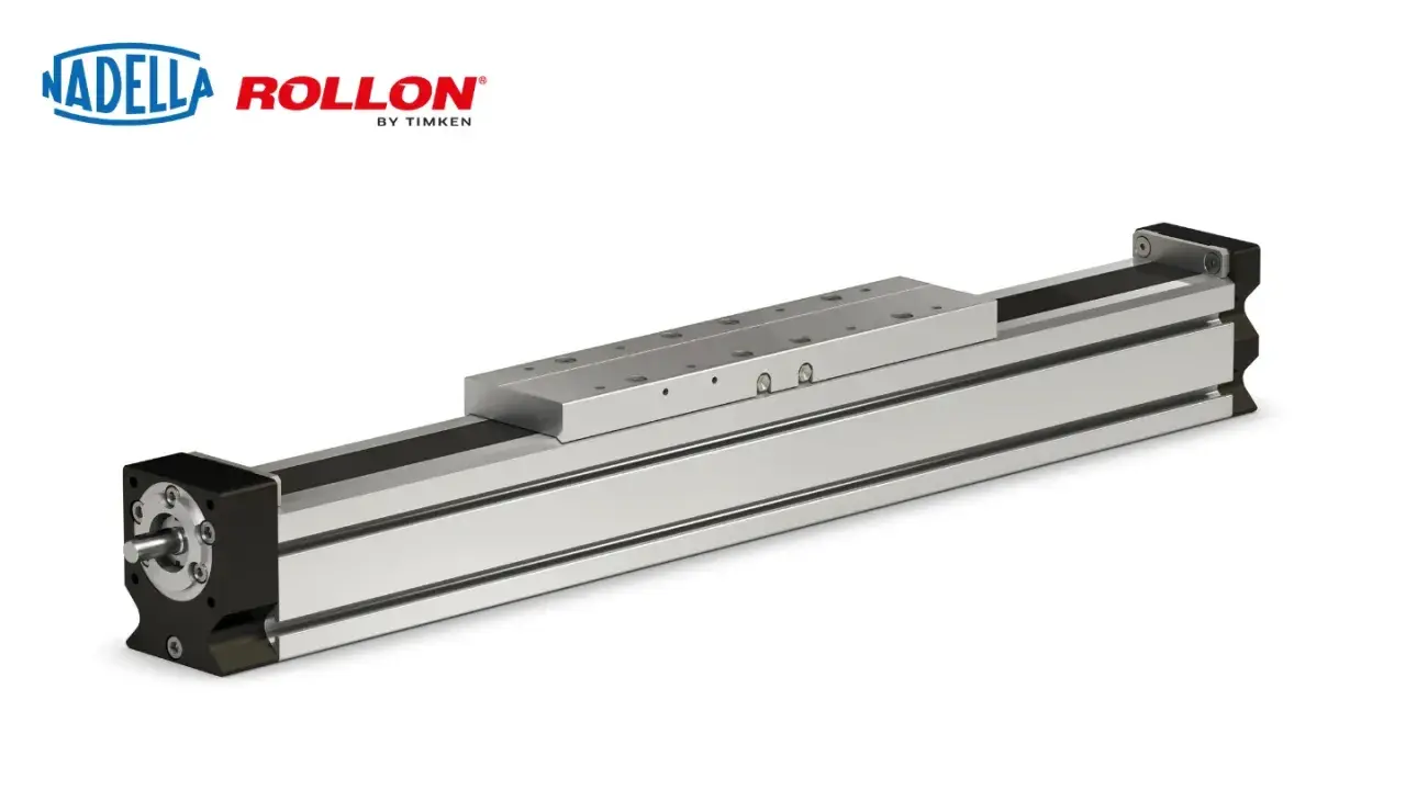 A linear motion system featuring a roller screw actuator, with a silver aluminum profile and a black end block.