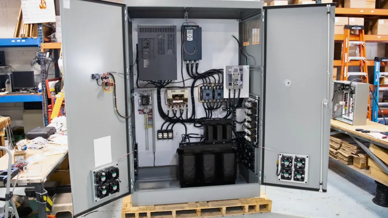 Inside an open electrical cabinet, a VFD drive cooling system with multiple fans is visible, alongside transformers and other components.