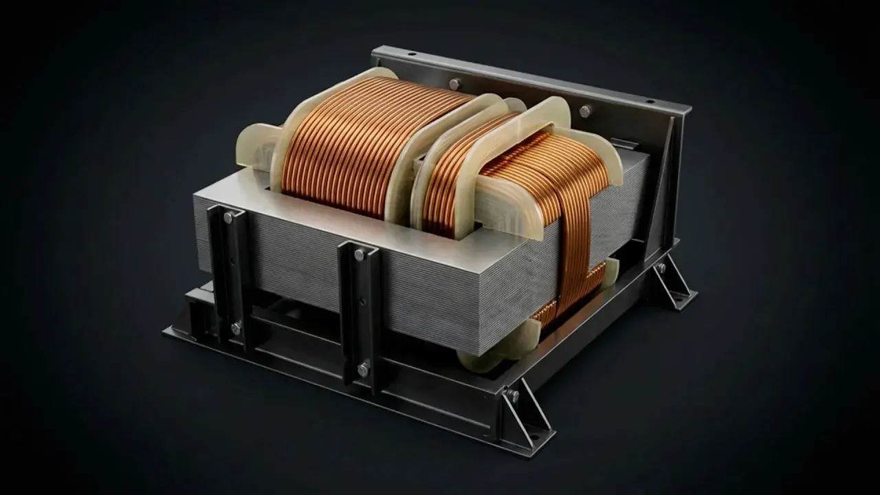 A detailed view of an isolation transformer, showcasing its copper windings and laminated core, essential for electrical safety.