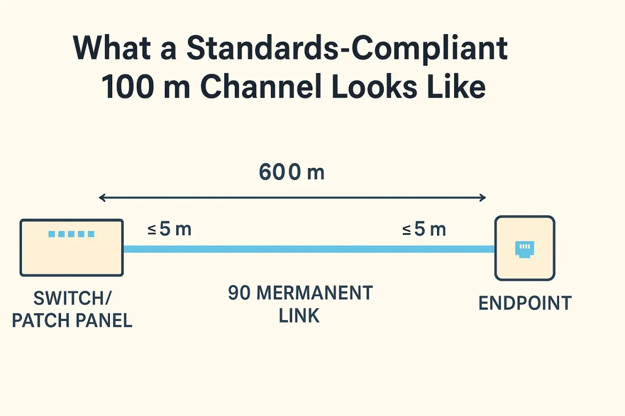 Diagram shows a 100m channel, with a 90m permanent link and two 5m patch cords, illustrating the ethernet cable distance limit.