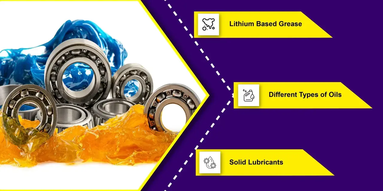 Several ball bearings are shown, some coated in orange grease and others in blue grease. These are essential components for smooth operation of bearings in a motor.