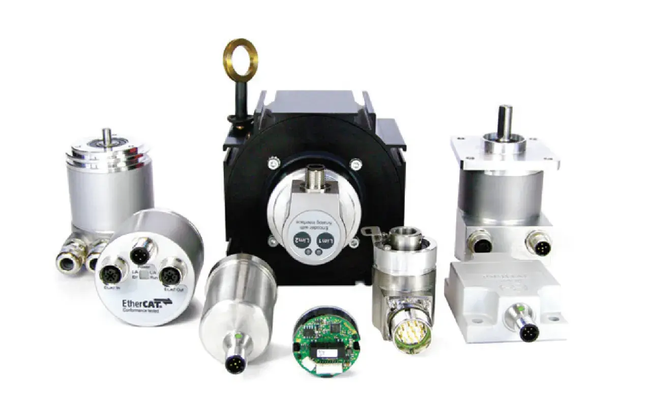 A collection of Posital Fraba encoders and sensors, showcasing various models with different connectors and mounting styles.