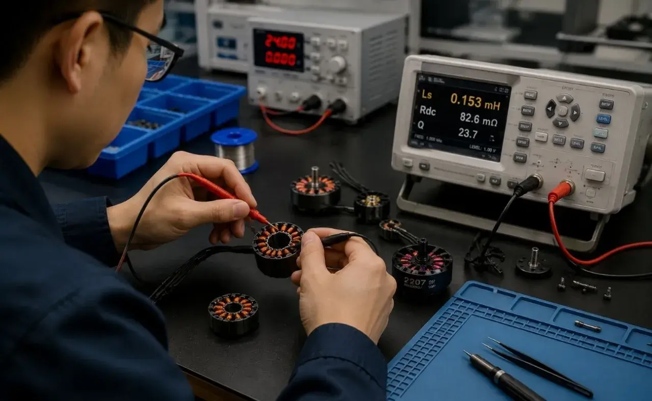 Technician performs a motor winding resistance test, checking inductance and resistance values on a digital meter.