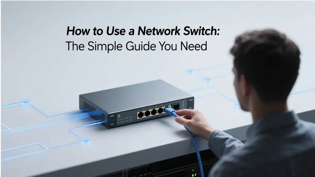 A man connects a blue Ethernet cable to a network switch, illustrating how to configure a network switch for optimal connectivity.