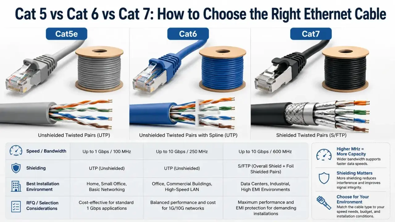 Comparing types of cat cables: Cat5e (UTP), Cat6 (UTP with spline), and Cat7 (S/FTP), detailing speed, shielding, and best environments.