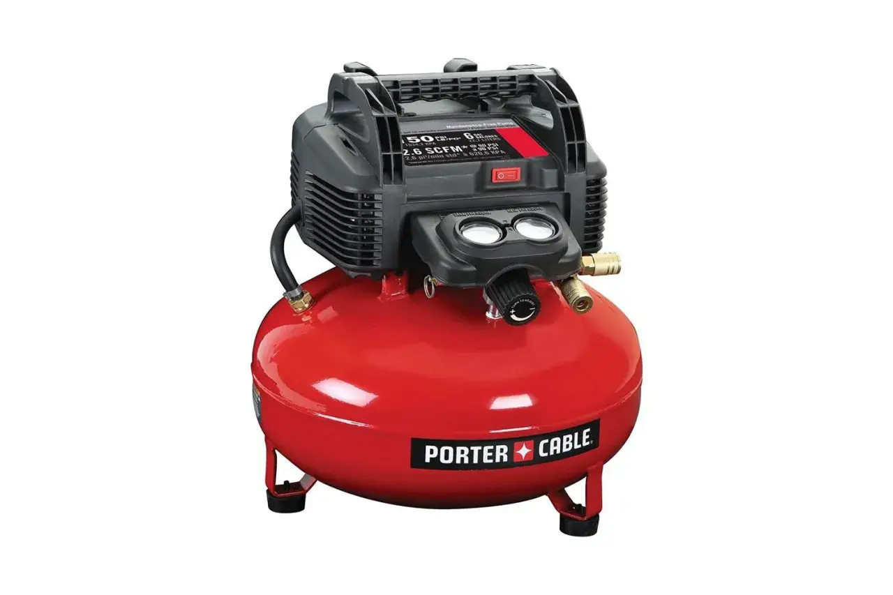 A red Porter Cable air compressor, a powerful tool for any DIYer, ready to tackle projects where an air pump just won't cut it.