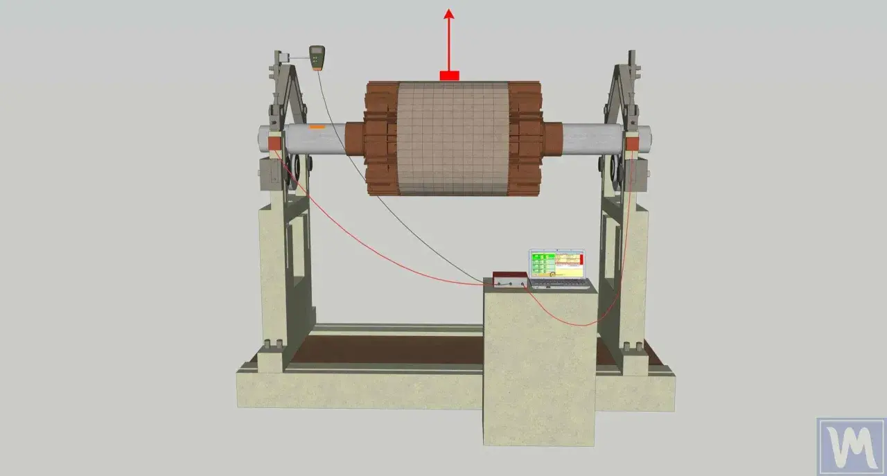 A rotor is mounted on a stand with sensors and a laptop for rotor balancing.