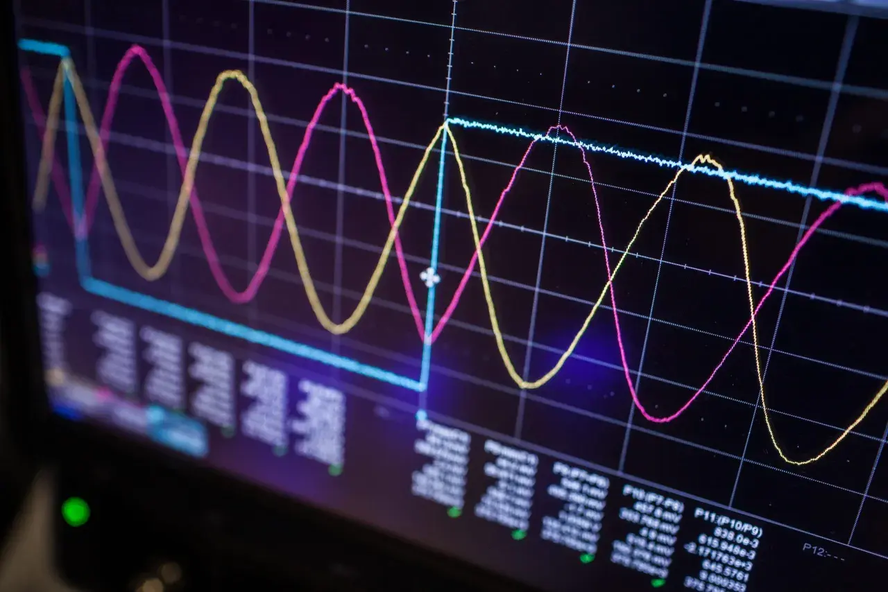 Oscilloscope screen showing three waveforms (pink, yellow, blue) and data readouts, illustrating signal integrity analysis.