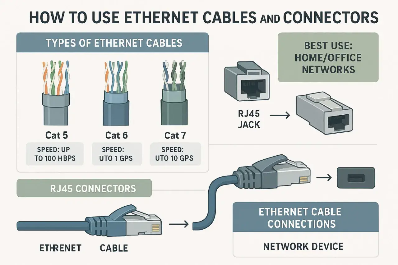 Diagram shows different ethernet cable connector types: Cat 5, 6, 7 cables, RJ45 jacks, and how they connect to network devices.