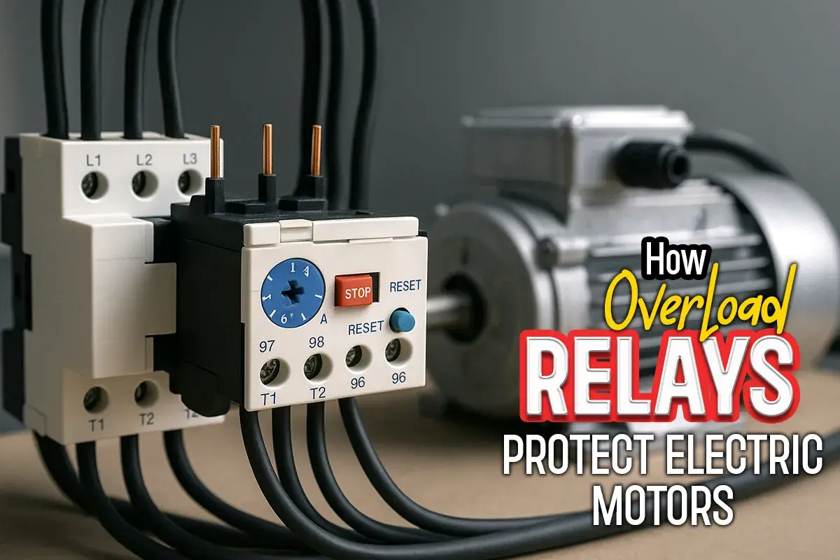 Close-up of electrical components, including overload relays and an electric motor, illustrating how overload relays protect electric motors.