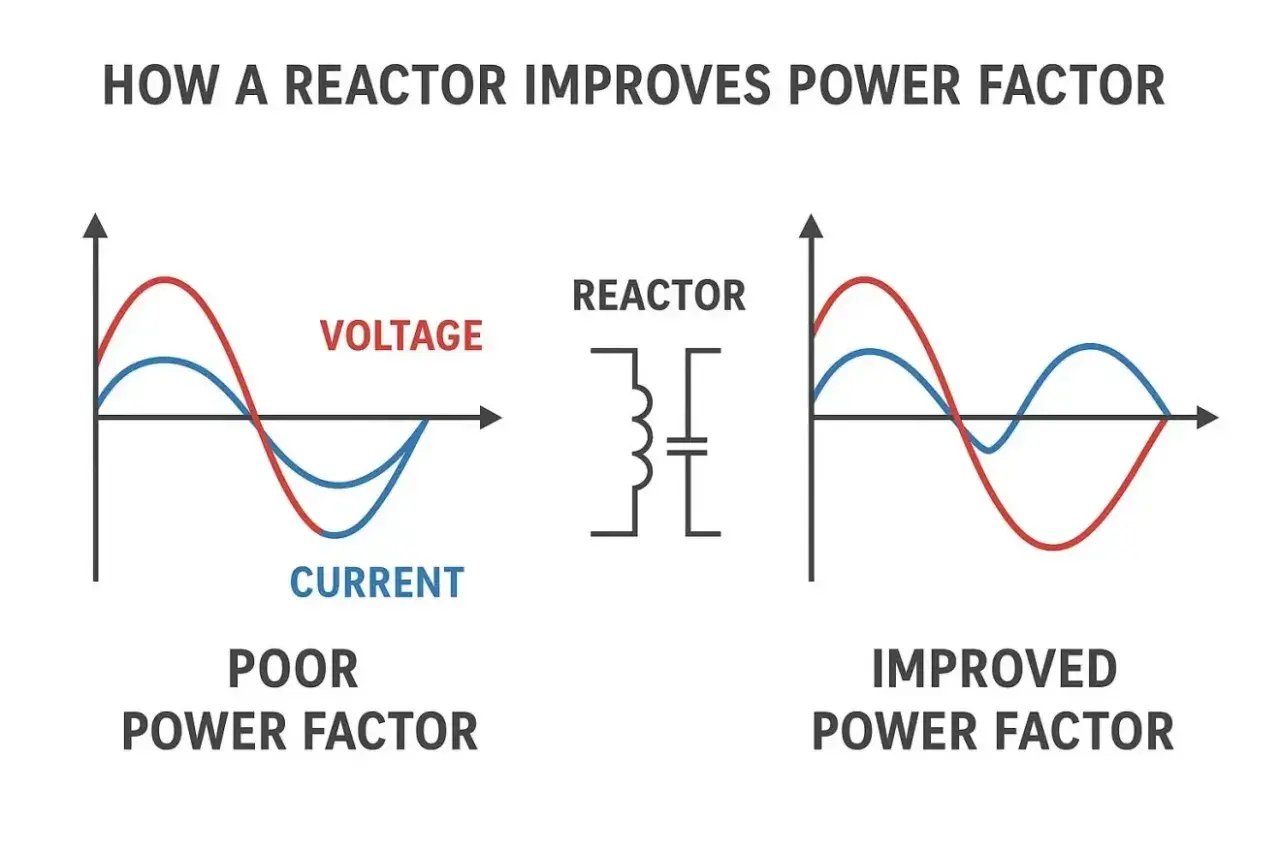 Diagram shows how a reactor improves power factor by aligning voltage and current waveforms.
