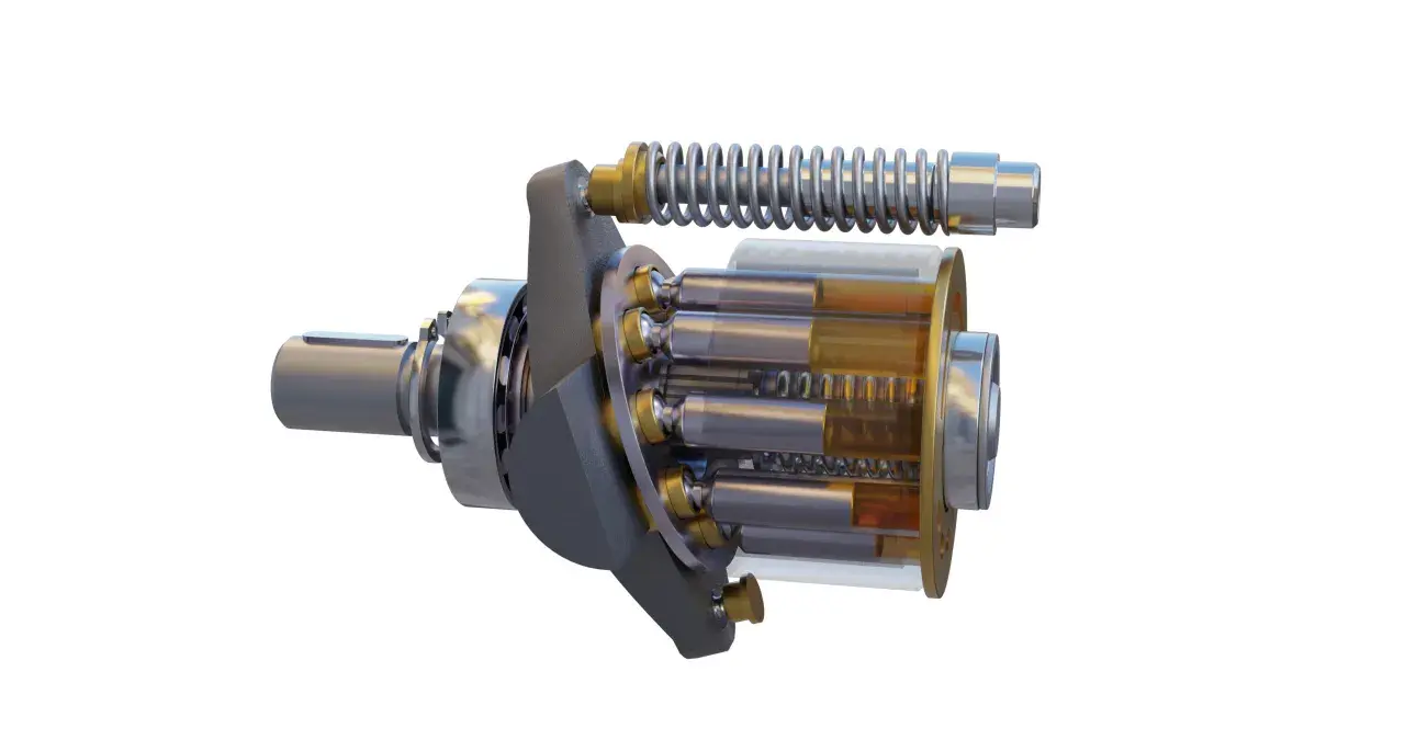 Cutaway view of a hydraulic motor, showcasing its internal piston and cylinder assembly. Most hydraulic motors are modified designs of this fundamental concept.
